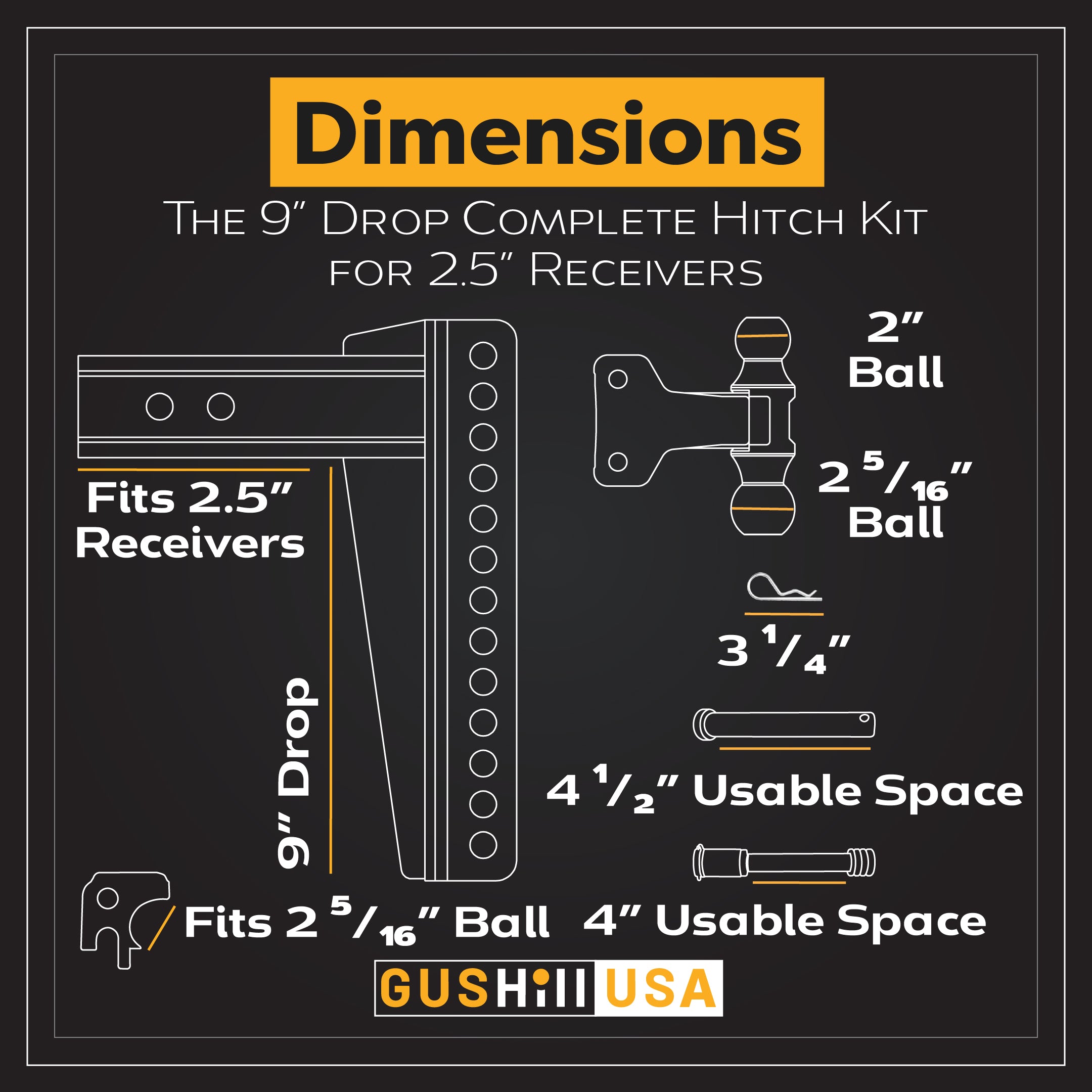 Complete Hitch Kit for 2.5" Receiver with Dual Ball (9" drop)-GHC3436